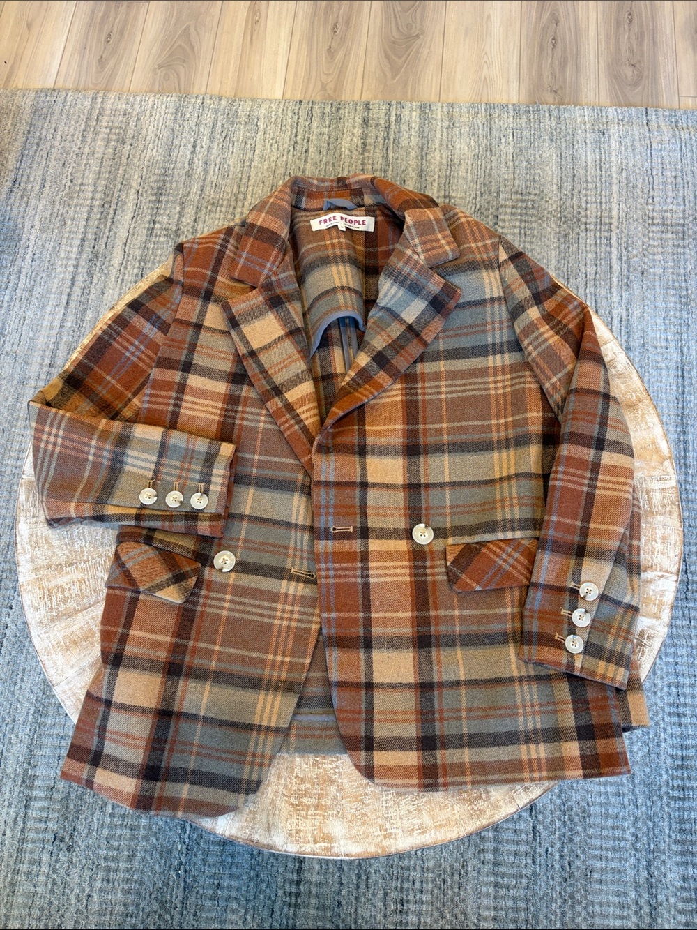 Free People Plaid Wool Blazer in Rust, Sage, Cream, and Brown